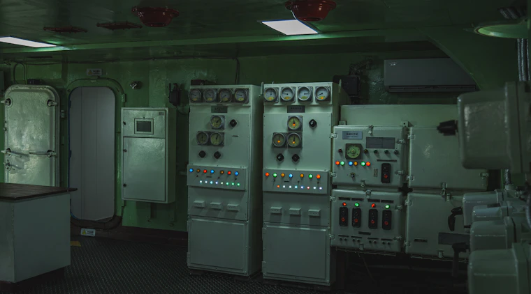 Control room with monitoring panels and gauges, representing on-site operational support