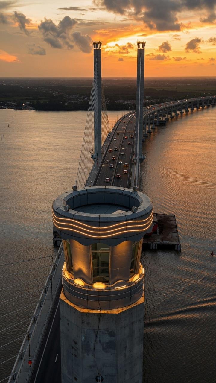 The new Demerara River crossing bridge at sunset